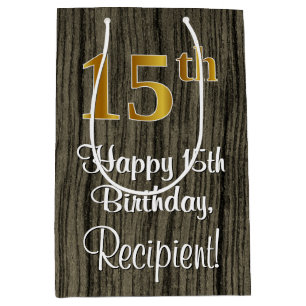 15th Birthday: Elegant Faux Gold Look #, Faux Wood Medium Gift Bag