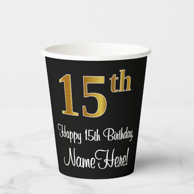 15th Birthday - Elegant Luxurious Faux Gold Look # Paper Cups (Front)