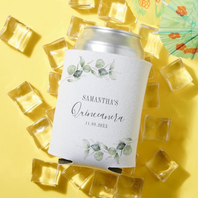 15th Birthday Eucalyptus Greenery Quinceanera Can Cooler (In Situ Summer)