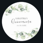 15th Birthday Eucalyptus Greenery Quinceanera Classic Round Sticker<br><div class="desc">TIP: Matching items available in this collection. Our botanical eucalyptus birthday collection features watercolor foliage and modern typography in dark grey text. Use the "Customise it" button to further re-arrange and format the style and placement of text. Could easily be repurpose for other special events like anniversaries, baby shower, birthday...</div>