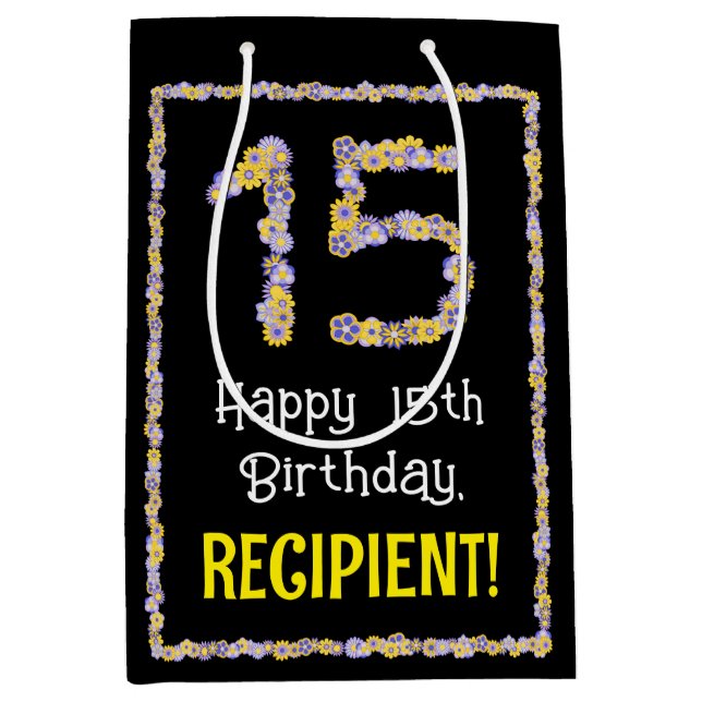15th Birthday: Floral Flowers Number, Custom Name Medium Gift Bag (Front)