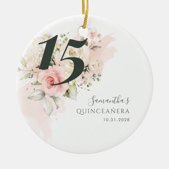 15th Birthday Floral Quincenera Party Ceramic Tree Decoration (Front)