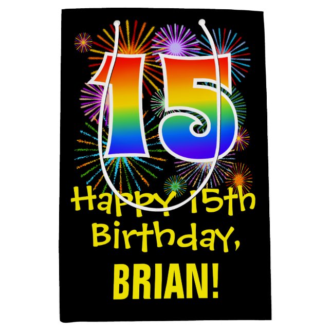 15th Birthday: Fun Fireworks Pattern + Rainbow 15 Medium Gift Bag (Front)