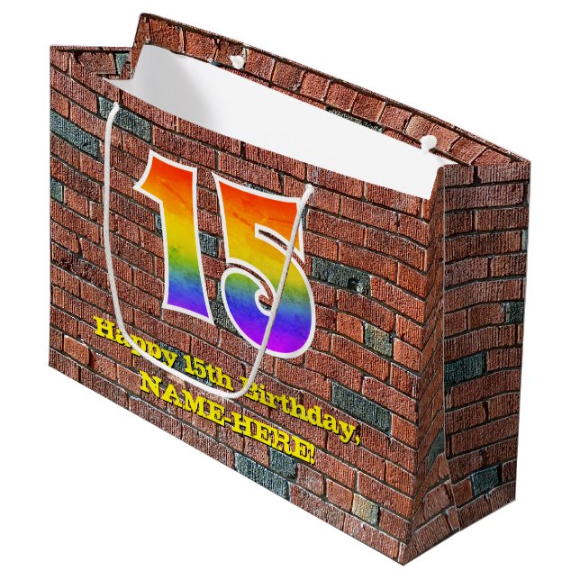 15th Birthday: Fun, Graffiti-Inspired Rainbow # 15 Large Gift Bag (Front Angled)