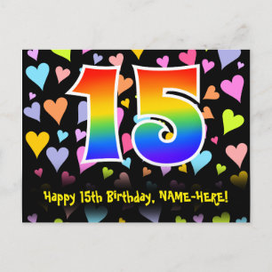 15th Birthday: Fun Hearts Pattern, Rainbow 15 Postcard