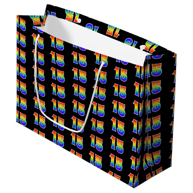 15th Birthday: Fun Rainbow Event Number 15 Pattern Large Gift Bag (Front Angled)