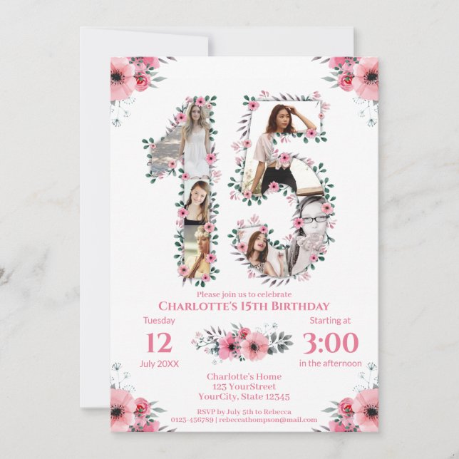 15th Birthday Girl Photo Collage Pink Flower White Invitation (Front)