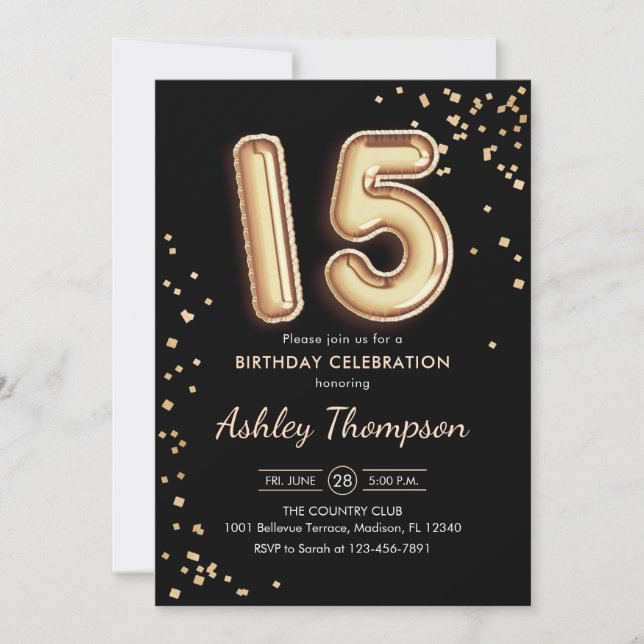 15th Birthday - Gold Balloons Black Invitation (Front)
