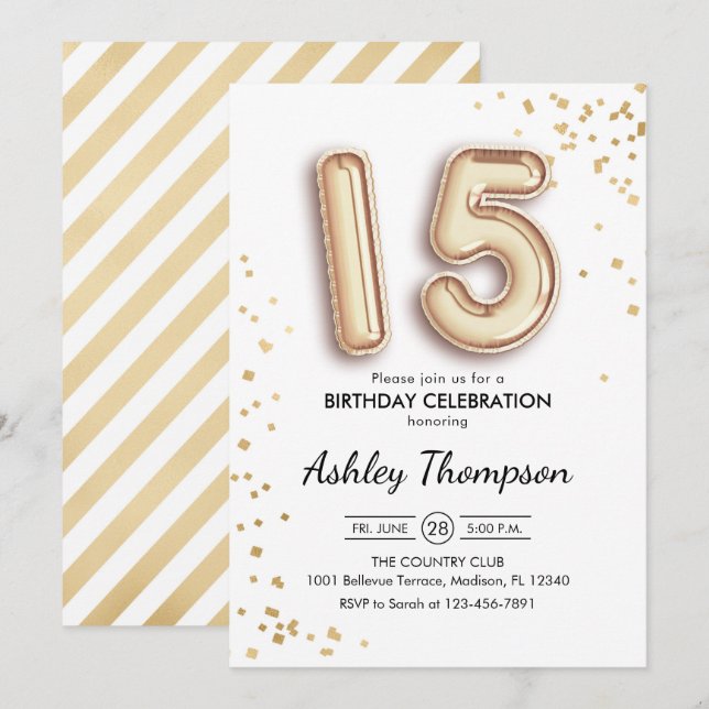 15th Birthday - Gold Balloons Invitation (Front/Back)