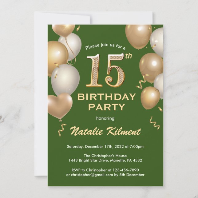 15th Birthday Green and Gold Glitter Balloons Invitation (Front)