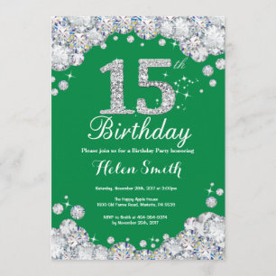 15th Birthday Green and Silver Diamond Invitation