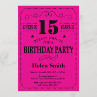 15th Birthday Invitation Black and Hot Pink