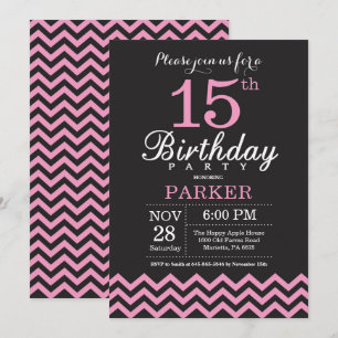 15th Birthday Invitation Black and Pink Chevron