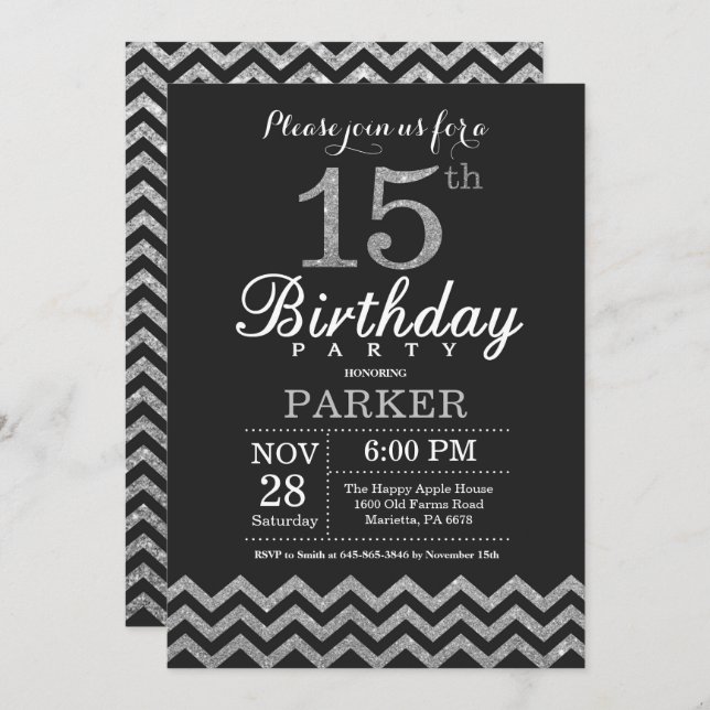 15th Birthday Invitation Black and Silver Glitter (Front/Back)