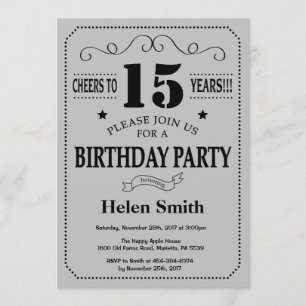15th Birthday Invitation Black and Silver Grey
