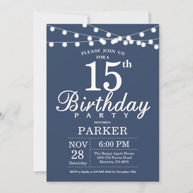 15th Birthday Invitation Blue (Front)