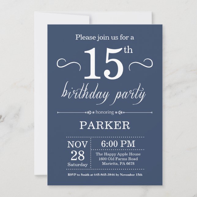 15th Birthday Invitation Blue (Front)