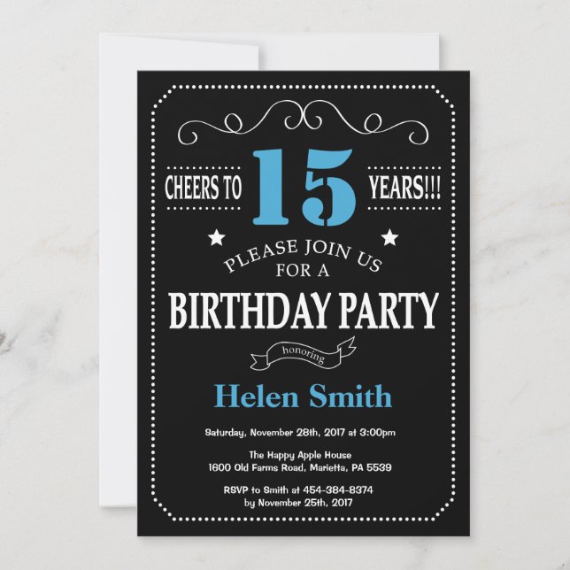 15th Birthday Invitation Blue and Black Chalkboard (Front)