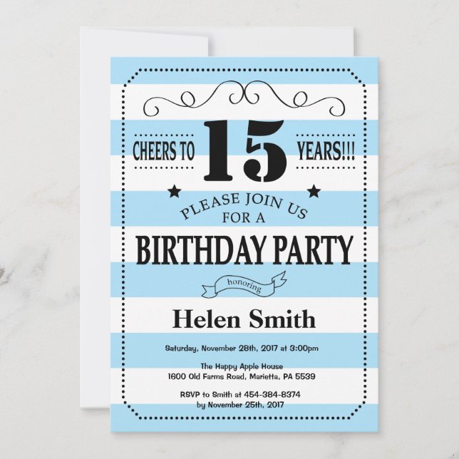 15th Birthday Invitation Blue and White Stripes (Front)