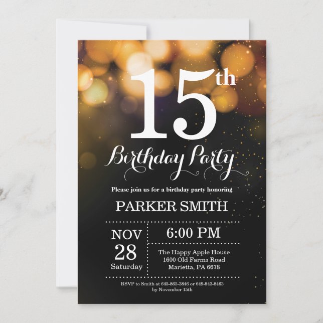 15th Birthday Invitation Gold Glitter (Front)