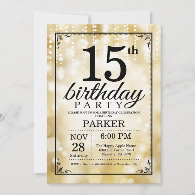 15th Birthday Invitation Gold Glitter (Front)