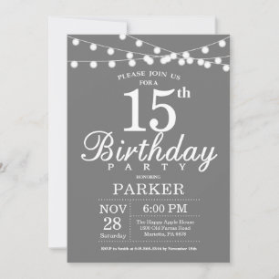 15th Birthday Invitation Grey and White