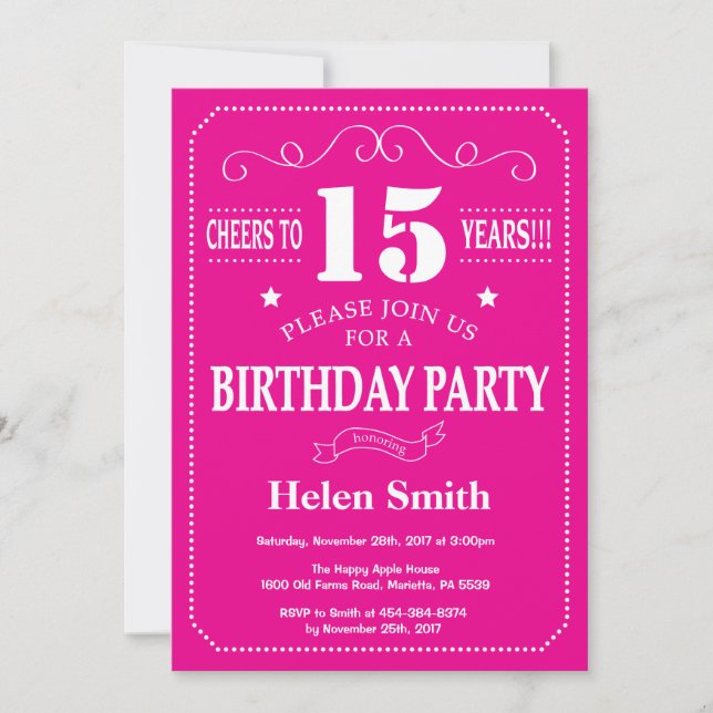 15th Birthday Invitation Hot Pink and White (Front)