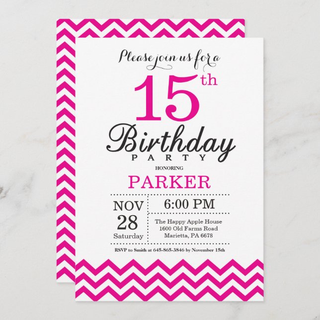 15th Birthday Invitation Hot Pink Chevron (Front/Back)