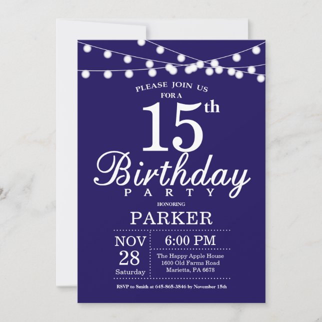 15th Birthday Invitation Navy Blue (Front)