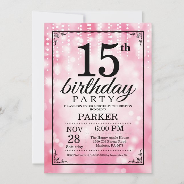 15th Birthday Invitation Pink Glitter (Front)