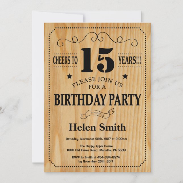 15th Birthday Invitation Rustic Wood (Front)