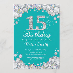 15th Birthday Invitation Teal and Silver Diamond