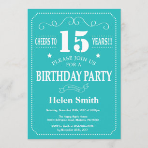15th Birthday Invitation Teal and White