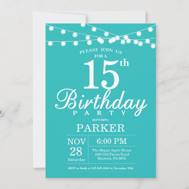 15th Birthday Invitation Teal Aqua Turquoise (Front)