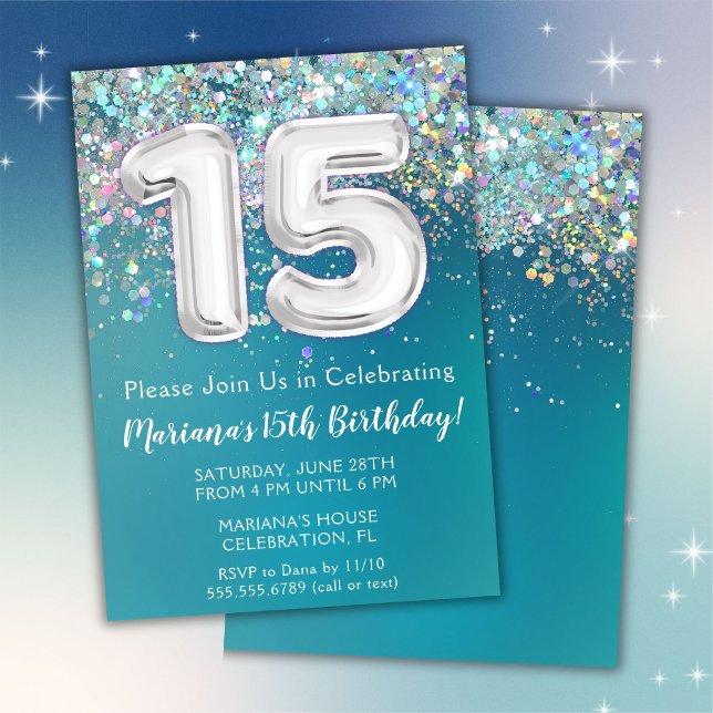 15th Birthday Invitation Teal Silver Glitter (Creator Uploaded)