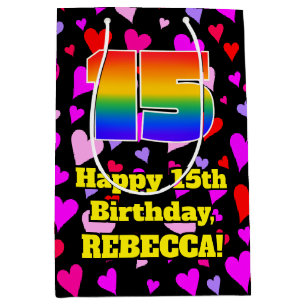15th Birthday: Loving Hearts Pattern, Rainbow # 15 Medium Gift Bag
