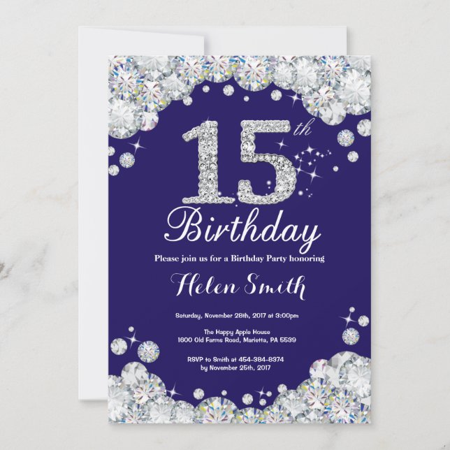 15th Birthday Navy Blue and Silver Diamond Invitation (Front)
