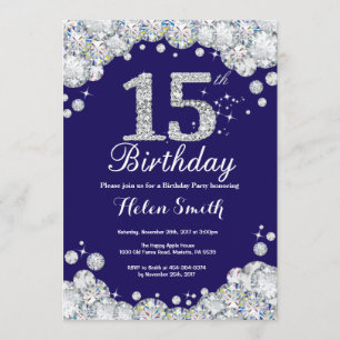 15th Birthday Navy Blue and Silver Diamond Invitation