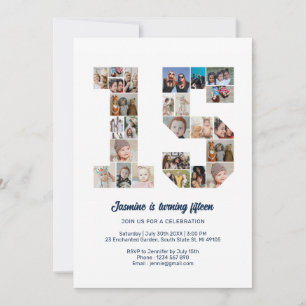 15th Birthday Number 15 Custom Photo Collage Invitation