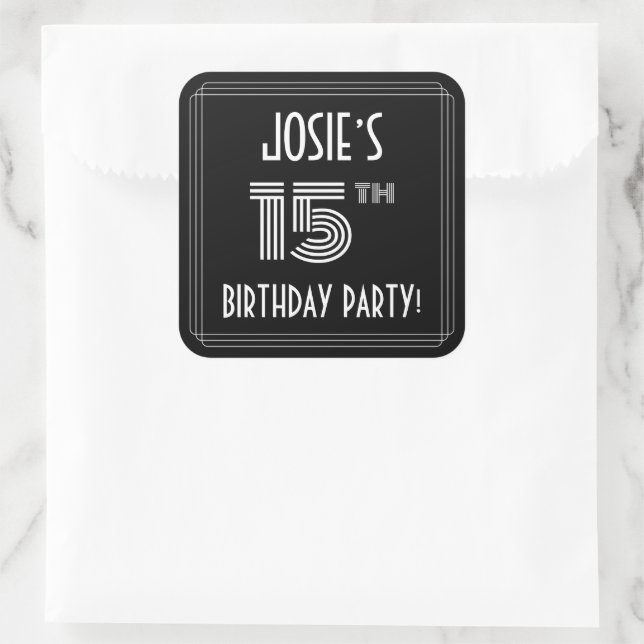 15th Birthday Party: Art Deco Style & Custom Name Square Sticker (Bag)