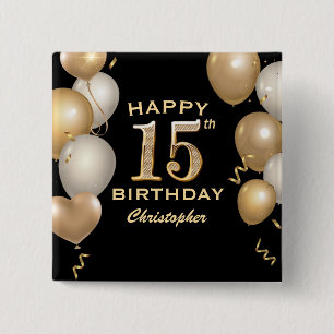 15th Birthday Party Black and Gold Balloons 15 Cm Square Badge