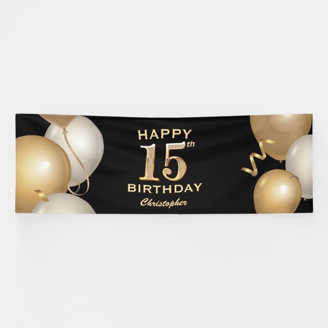 15th Birthday Party Black and Gold Balloons Banner (Horizontal)