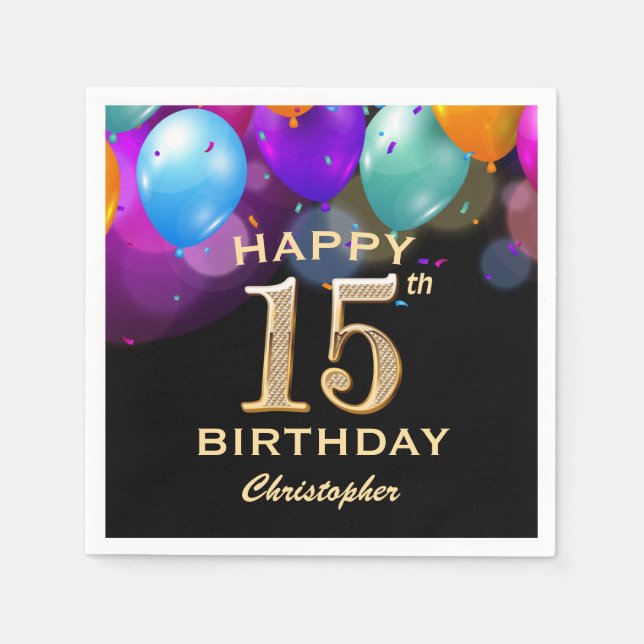 15th Birthday Party Black and Gold Balloons Napkin (Front)