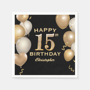 15th Birthday Party Black and Gold Balloons Napkin