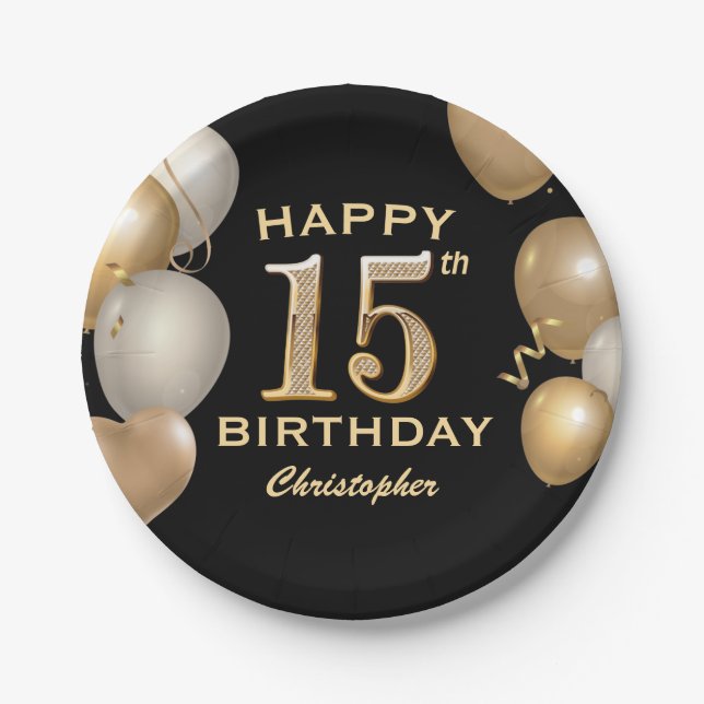 15th Birthday Party Black and Gold Balloons Paper Plate (Front)