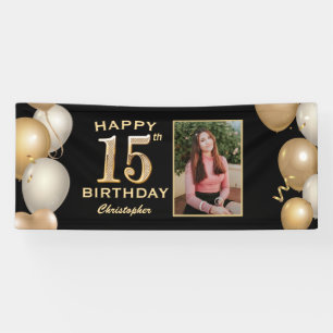 15th Birthday Party Black and Gold Balloons Photo Banner