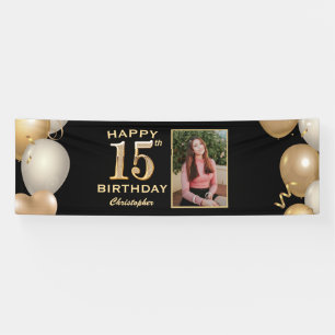15th Birthday Party Black and Gold Balloons Photo Banner