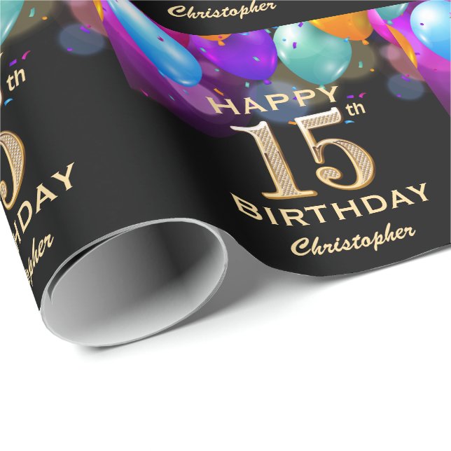 15th Birthday Party Black and Gold Balloons Wrapping Paper (Roll Corner)