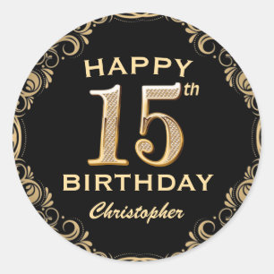 15th Birthday Party Black and Gold Glitter Frame Classic Round Sticker