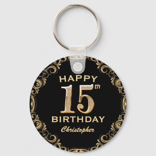 15th Birthday Party Black and Gold Glitter Frame Key Ring